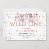 ワイルド・ワン・サファリ・アニマル・ローズゴールド 1歳 誕生日 女の子 招待状 (正面)