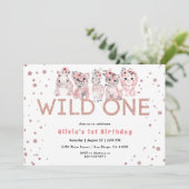 ワイルド・ワン・サファリ・アニマル・ローズゴールド 1歳 誕生日 女の子 招待状 (スタンド正面)