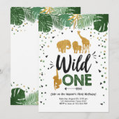 ワイルド・ワン・サファリ ゴールドボーイ 動物 バースデーパーティー 招待状 (正面/裏面)