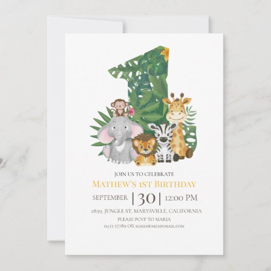 ワイルド・ワン・サファリ・ジャングル・ファースト1歳の誕生日ナンバー 招待状 (正面)