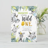 ワイルド・ワン・サファリ・パーティー・アニマルズ・ボーイ・ファースト・バースデー 招待状 (スタンド正面)