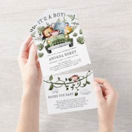 ワイルド・ワン・サファリ・ベイビーシャワー・ボーイ オールインワン招待状