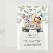 ワイルド・ワン・サファリ・ベイビー・アニマルズ 1歳の誕生日パーティー 招待状 (正面/裏面)