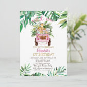 ワイルド・ワン サファリ 動物の車、葉っぱの1歳の誕生日 招待状 (スタンド正面)
