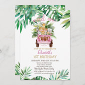 ワイルド・ワン サファリ 動物の車、葉っぱの1歳の誕生日 招待状 (正面/裏面)