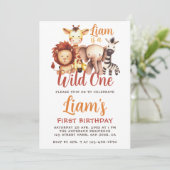 ワイルド・ワン・サファリ 動物 ライオン キリン 1歳の誕生日 招待状 (スタンド正面)