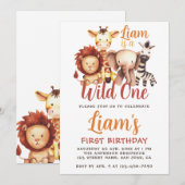 ワイルド・ワン・サファリ 動物 ライオン キリン 1歳の誕生日 招待状 (正面/裏面)