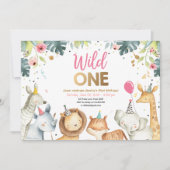 ワイルド·ワン·サファリ·金ゴールド·ガール·アニマルズ·バースデー·パーティー 招待状 (正面)