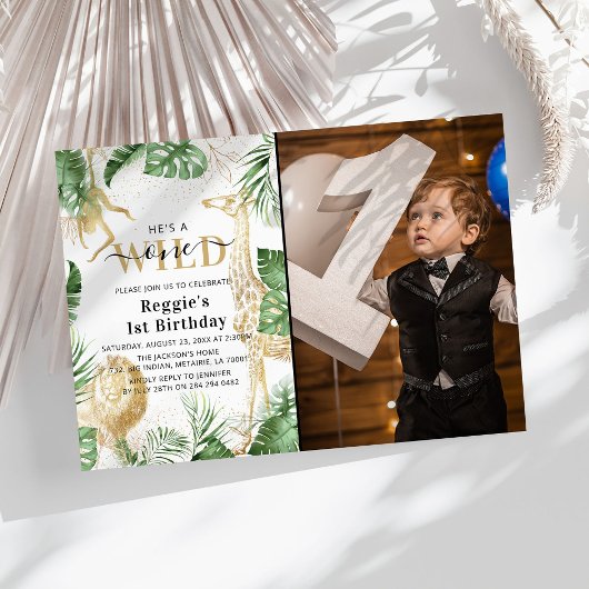 ワイルド・ワン ジャングルグリーン＆ゴールド 1歳誕生日写真 招待状