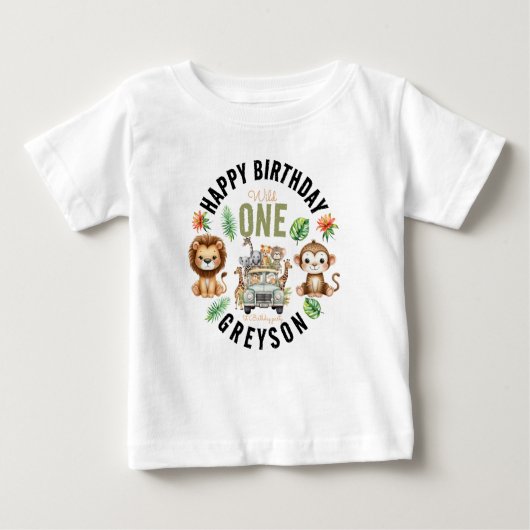 ワイルド・ワン・ジャングル・アドベンチャー 1歳の誕生日 ベビーTシャツ (正面)