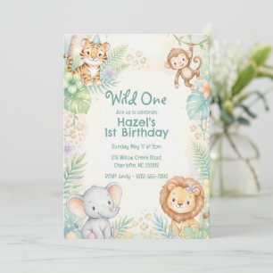 ワイルド・ワン ジャングル・サファリ 動物 ガール 1歳 誕生日 招待状
