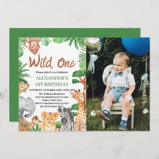 ワイルド・ワン ジャングル・サファリ 動物 1歳の誕生日写真 招待状 (正面/裏面)