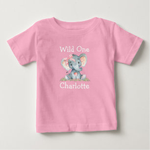 ワイルド·ワン·スト·バースデー·エレファント·ボウ·ピンク ベビーTシャツ