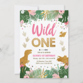 ワイルド・ワン・ディノ・パーティー・ガール ピンクの恐竜誕生日 招待状 (正面)