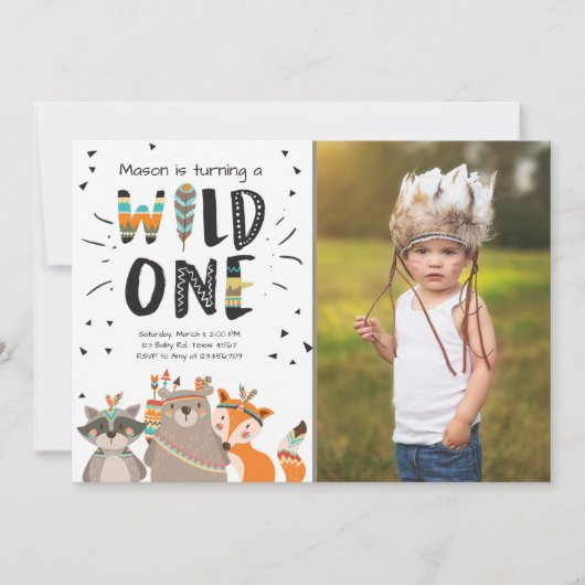 ワイルド・ワン トライバル ファーストバースデー招待状 ウッドランド 招待状 (正面)