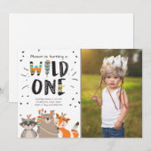 ワイルド・ワン トライバル ファーストバースデー招待状 ウッドランド 招待状 (正面/裏面)