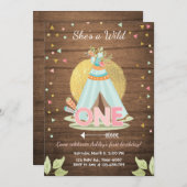 ワイルド·ワン·バースデー·インビテーション·ティーピー·ボホー·ガール·ウッド 招待状 (正面/裏面)