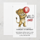 ワイルド・ワン バースデー・インビテーション、ライオン 1歳の誕生日 招待状 (正面/裏面)