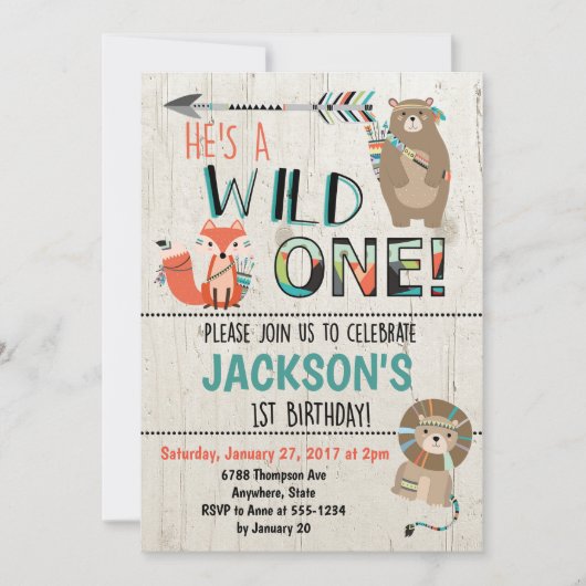 ワイルド・ワン バースデー・招待状 - トライバル・アニマルズ 招待状 (正面)