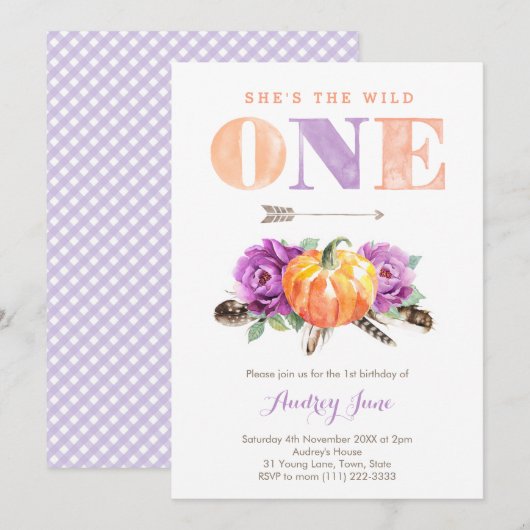 ワイルド・ワン パープル オレンジ パンプキン 1歳の誕生日パーティー 招待状 (正面/裏面)