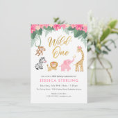 ワイルド・ワン - ピンクサファリ 女の子のファーストバースデー 招待状 (スタンド正面)