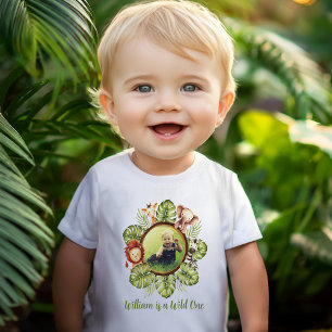 ワイルド・ワン フォト キュート ジャングル アニマルズ 1歳の誕生日 ベビーTシャツ