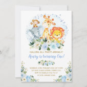 ワイルド・ワン ブルージャングルサファリ 動物たち 1歳の誕生日 招待状 (正面)