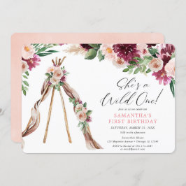 ワイルド·ワン·ボホの田舎のフローラ娘1歳の誕生日 招待状