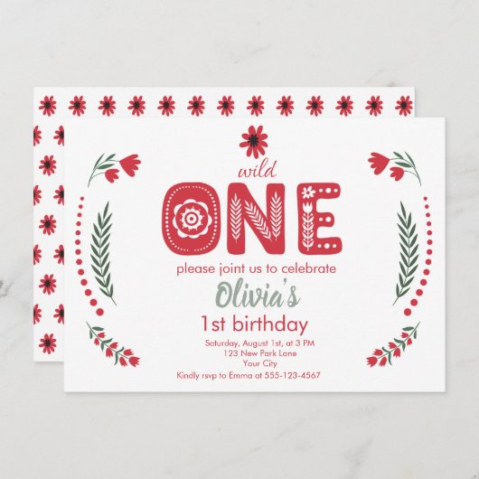 ワイルド・ワン - レッド・フローラル・フォークアート 1歳の誕生日パーティー 招待状 (正面/裏面)