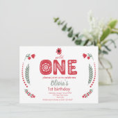ワイルド・ワン - レッド・フローラル・フォークアート 1歳の誕生日パーティー 招待状 (スタンド正面)