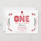 ワイルド・ワン - レッド・フローラル・フォークアート 1歳の誕生日パーティー 招待状 (正面)