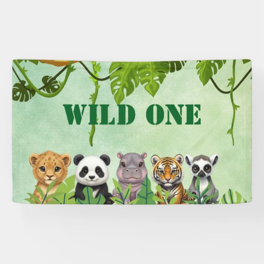 ワイルド・ワン、動物園の動物 1歳の誕生日バナー 横断幕 (横)