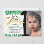 ワイルド・ワン 恐竜男子 1歳の誕生日写真 招待状 (正面)
