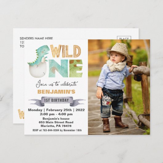 ワイルド・ワン 恐竜 1歳の誕生日 写真招待状 ポストカード (正面/裏面)