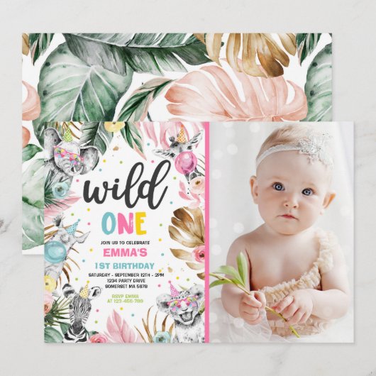 ワイルド·ワン·誕生日·金ゴールド·サファリ·ジャングル·アニマルズ·パーティー 招待状 (正面/裏面)