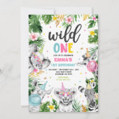ワイルド·ワン·誕生日·金ゴールド·サファリ·ジャングル·アニマルズ·パーティー 招待状 (正面)