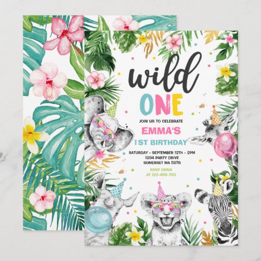 ワイルド·ワン·誕生日·金ゴールド·サファリ·ジャングル·アニマルズ·パーティー 招待状 (正面/裏面)