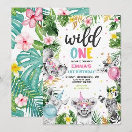 ワイルド·ワン·誕生日·金ゴールド·サファリ·ジャングル·アニマルズ·パーティー 招待状