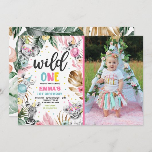 ワイルド·ワン·誕生日·金ゴールド·サファリ·ジャングル·アニマルズ·パーティー 招待状 (正面/裏面)