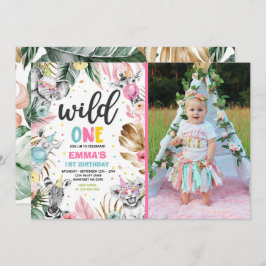 ワイルド·ワン·誕生日·金ゴールド·サファリ·ジャングル·アニマルズ·パーティー 招待状
