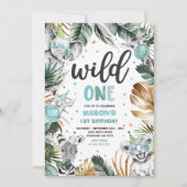 ワイルド·ワン·誕生日·金ゴールド·サファリ·ジャングル·アニマルズ·パーティー 招待状 (正面)