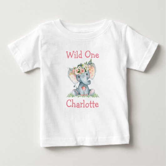 ワイルド・ワン 1歳の誕生日 エレファント フラワー クラウン ベビーTシャツ (正面)