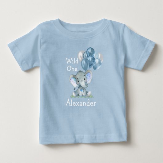 ワイルド・ワン 1歳の誕生日 赤ちゃん象 風船 青 ベビーTシャツ (正面)