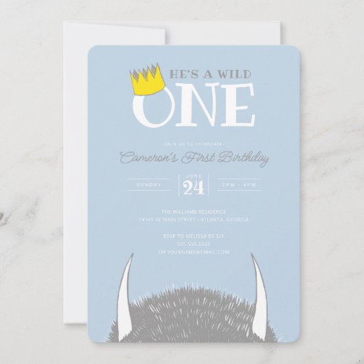 『ワイルド・ワン』1歳誕生日クラウンブルー 招待状 (正面)