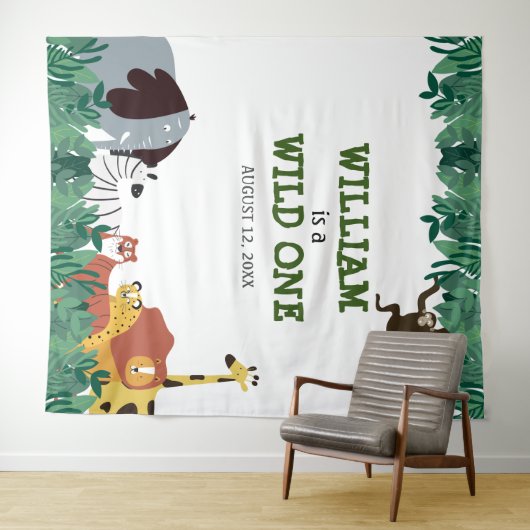 ワイルド・ワン 1歳誕生日パーティー ジャングル写真 背景 タペストリー (インサイチュ(横))