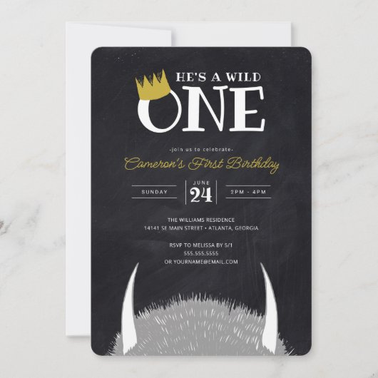 ワイルド・ワン – 1th Birthday Crown Chalkboard 招待状 (正面)