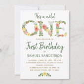 ワイルドONE少年フローラタイポグラフィスクリプト1st birthday 招待状 (正面)
