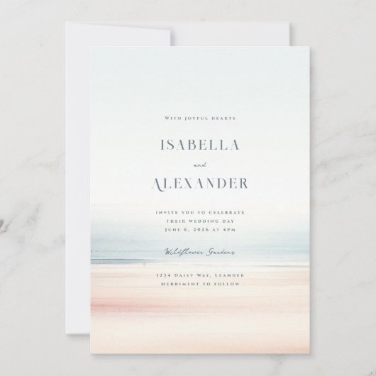 ワイレアウォーターカラーミニマリストエレガントビーチ結婚式 招待状 (正面)
