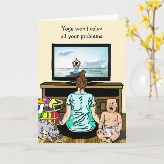 ワインおもしろいとヨガのユーモアの友情 カード (黄色い花)