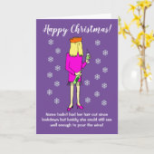 ワインおもしろいのクリスマスを飲む漫画の女性 カード (黄色い花)